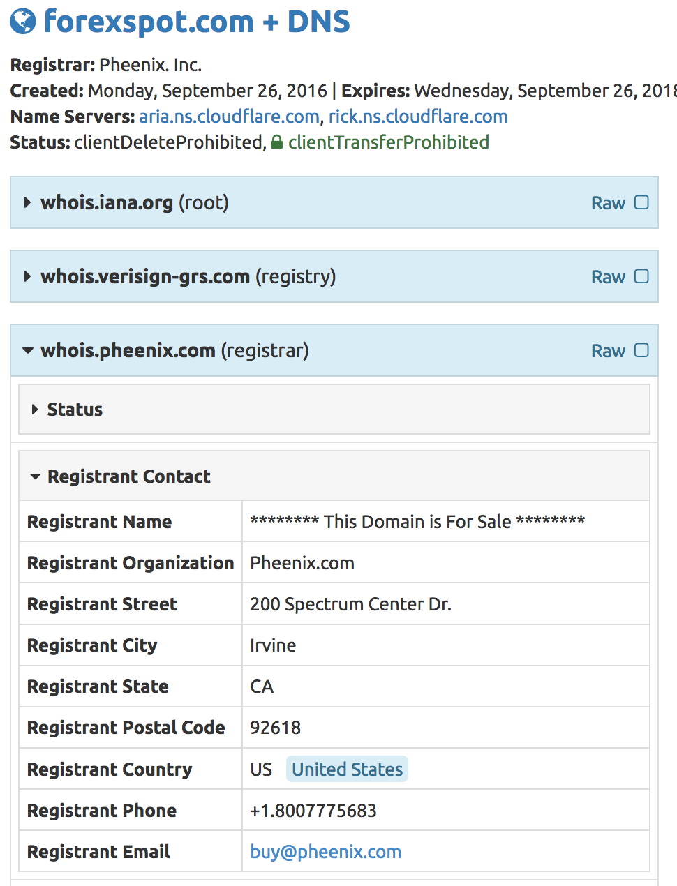 Domain whois State / Country not private - Registrar - Cloudflare