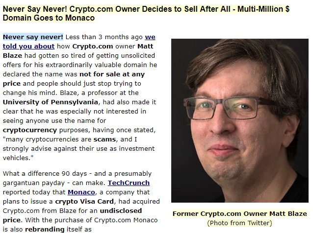 Never Say Never! Crypto.com Owner Decides to Sell After All - NamePros
