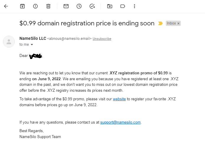 XYZ 0.99 domain registration price is ending soon.png